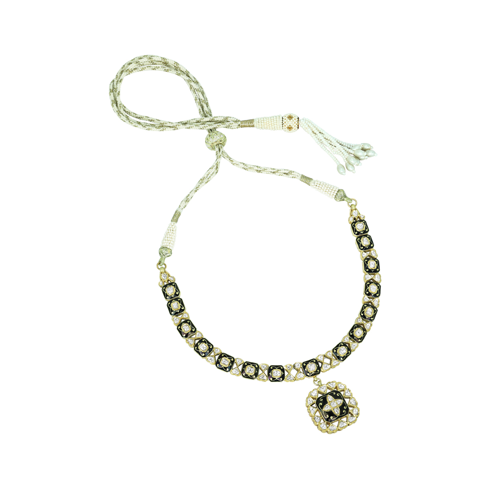 Polki Necklace with Black Enamel Squares and Central Pendant